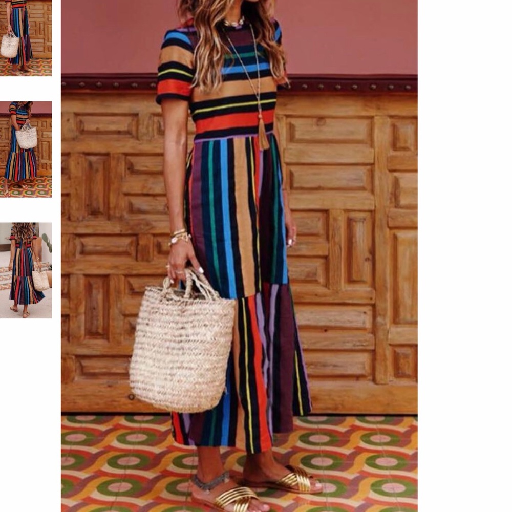 Striped Multicolor Maxi Dress with Short Sleeves